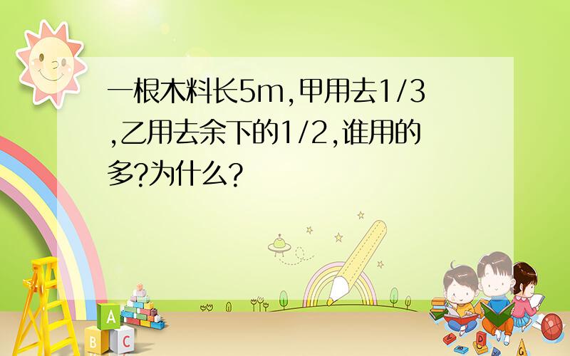 一根木料长5m,甲用去1/3,乙用去余下的1/2,谁用的多?为什么?