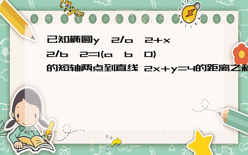 已知椭圆y^2/a^2+x^2/b^2=1(a>b>0)的短轴两点到直线 2x+y=4的距离之和为16根号5/5,