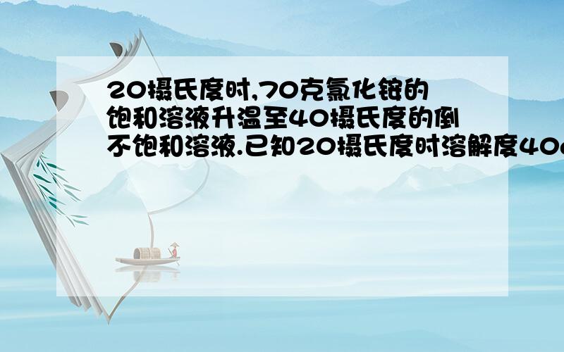 20摄氏度时,70克氯化铵的饱和溶液升温至40摄氏度的倒不饱和溶液.已知20摄氏度时溶解度40g,40摄氏度