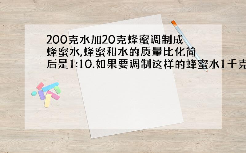 200克水加20克蜂蜜调制成蜂蜜水,蜂蜜和水的质量比化简后是1:10.如果要调制这样的蜂蜜水1千克,需要蜂蜜（ ）克.