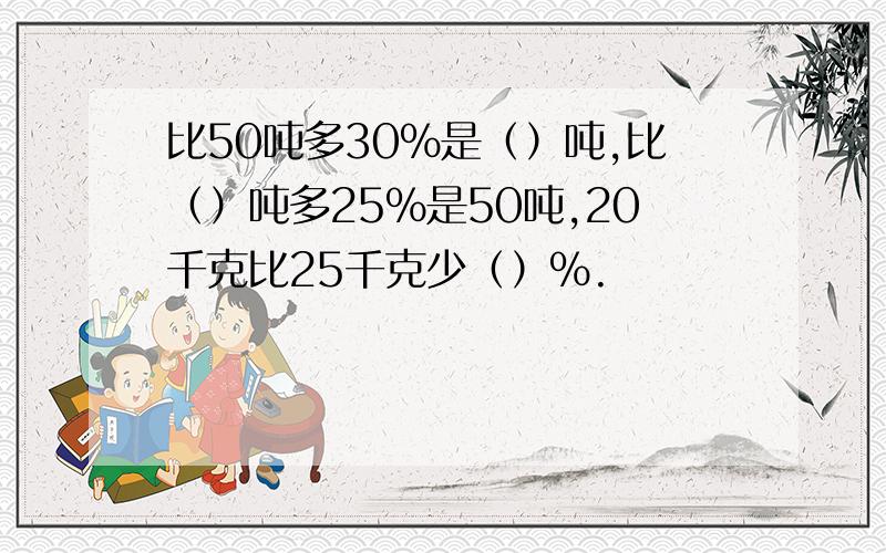 比50吨多30%是（）吨,比（）吨多25%是50吨,20千克比25千克少（）%.