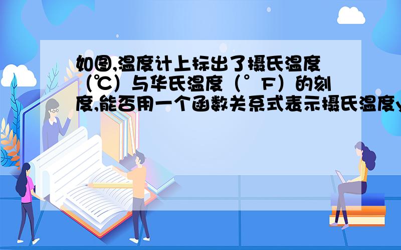 如图,温度计上标出了摄氏温度（℃）与华氏温度（°F）的刻度,能否用一个函数关系式表示摄氏温度y（℃）和华氏温度x（°F）