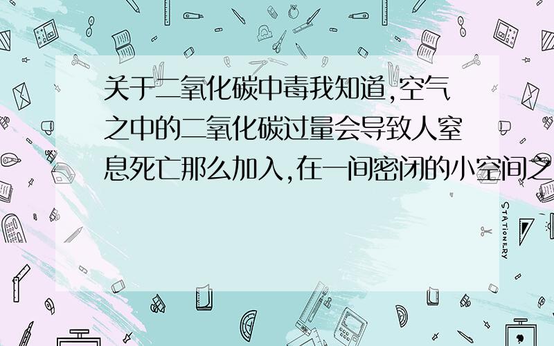 关于二氧化碳中毒我知道,空气之中的二氧化碳过量会导致人窒息死亡那么加入,在一间密闭的小空间之中缓慢通入二氧化碳,含量达到