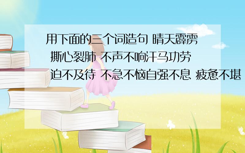 用下面的三个词造句 晴天霹雳 撕心裂肺 不声不响汗马功劳 迫不及待 不急不恼自强不息 疲惫不堪 无法无天家家户户 竭尽全