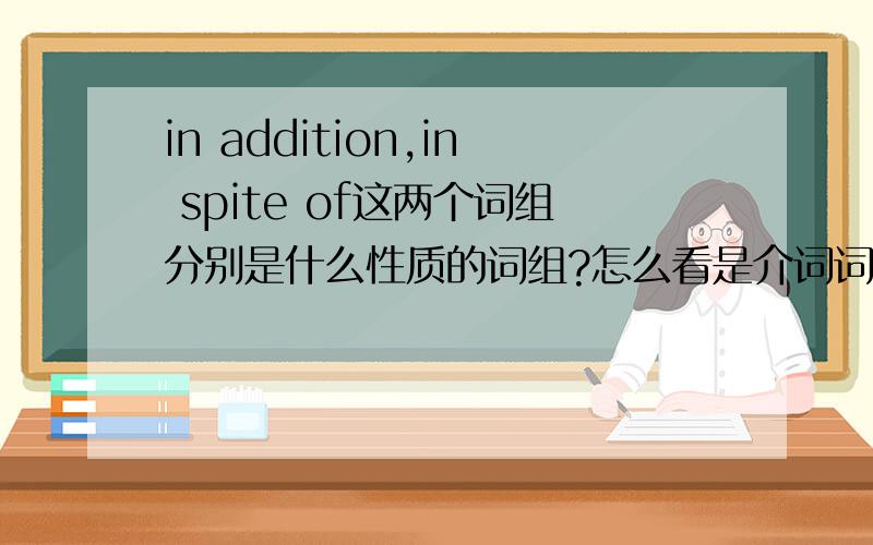 in addition,in spite of这两个词组分别是什么性质的词组?怎么看是介词词组还是副词词组?