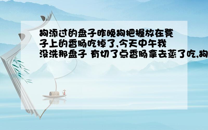 狗添过的盘子昨晚狗把握放在凳子上的香肠吃掉了,今天中午我没洗那盘子 有切了点香肠拿去蒸了吃,狗昨晚把香肠全部吃点了,今天