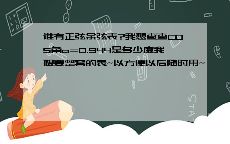 谁有正弦余弦表?我想查查COS角a=0.944是多少度我想要整套的表~以方便以后随时用~