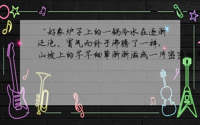 “好象炉子上的一锅冷水在逐渐泛泡、冒气而终于沸腾了一样,山坡上的芊芊细草渐渐滋成一片密密的厚发仿写