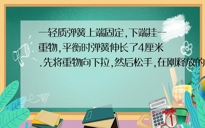 一轻质弹簧上端固定,下端挂一重物,平衡时弹簧伸长了4厘米.先将重物向下拉,然后松手,在刚释放的瞬间,重物的加速度的大小是