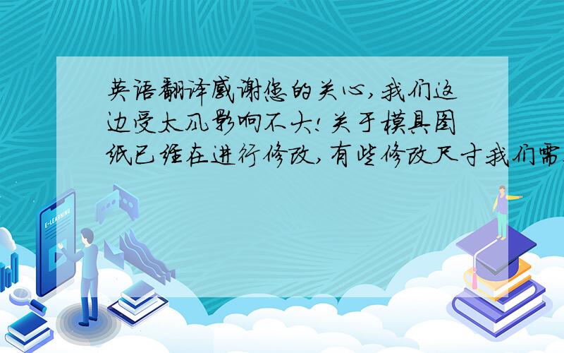 英语翻译感谢您的关心,我们这边受太风影响不大!关于模具图纸已经在进行修改,有些修改尺寸我们需要进行计算.修改完毕后会尽快