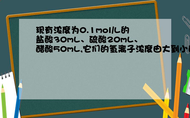 现有浓度为0.1mol/L的盐酸30mL、硫酸20mL、醋酸50mL,它们的氢离子浓度由大到小的正确顺序是 （ ）