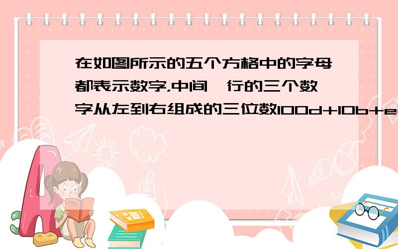 在如图所示的五个方格中的字母都表示数字，中间一行的三个数字从左到右组成的三位数100d+10b+e恰好可以表示为3m，中