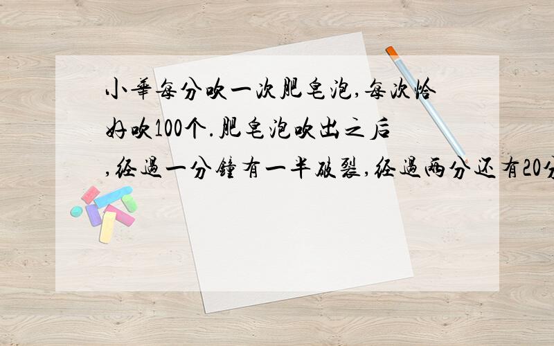 小华每分吹一次肥皂泡,每次恰好吹100个.肥皂泡吹出之后,经过一分钟有一半破裂,经过两分还有20分之1没有破裂,经过两分