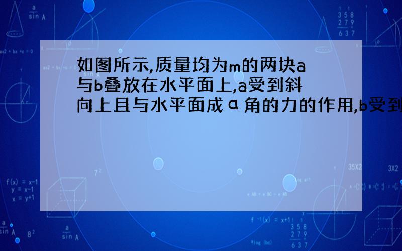 如图所示,质量均为m的两块a与b叠放在水平面上,a受到斜向上且与水平面成α角的力的作用,b受到斜向下且