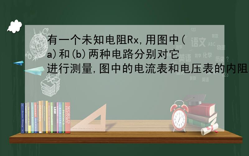 有一个未知电阻Rx,用图中(a)和(b)两种电路分别对它进行测量,图中的电流表和电压表的内阻均不能忽略.用(a)图电路测