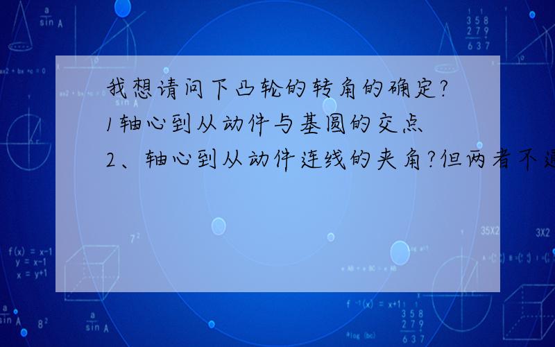 我想请问下凸轮的转角的确定?1轴心到从动件与基圆的交点 2、轴心到从动件连线的夹角?但两者不通用,谢谢