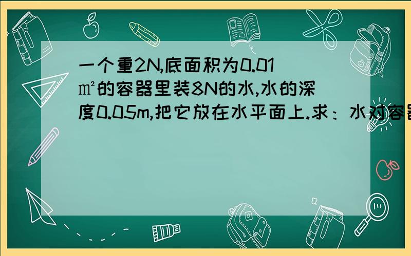 一个重2N,底面积为0.01㎡的容器里装8N的水,水的深度0.05m,把它放在水平面上.求：水对容器底部的压强?