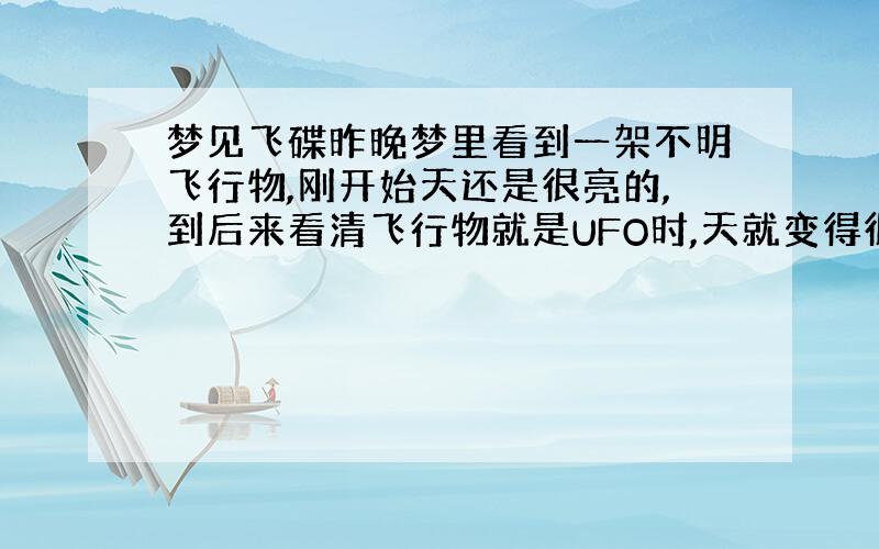 梦见飞碟昨晚梦里看到一架不明飞行物,刚开始天还是很亮的,到后来看清飞行物就是UFO时,天就变得很黑,而且还有闪电,马上就