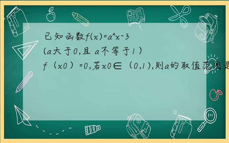 已知函数f(x)=a^x-3(a大于0,且 a不等于1）f（x0）=0,若x0∈（0,1),则a的取值范围是