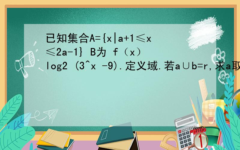 已知集合A={x|a+1≤x≤2a-1} B为 f（x）log2 (3^x -9).定义域.若a∪b=r,求a取值范围