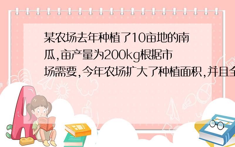 某农场去年种植了10亩地的南瓜,亩产量为200kg根据市场需要,今年农场扩大了种植面积,并且全部种植了高产的新品种南瓜,