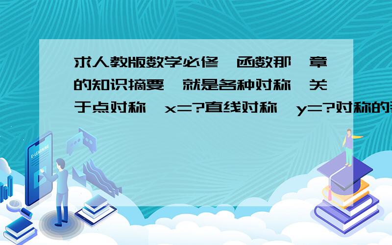 求人教版数学必修一函数那一章的知识摘要,就是各种对称,关于点对称、x=?直线对称,y=?对称的那些