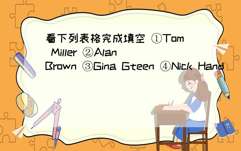 看下列表格完成填空 ①Tom Miller ②Alan Brown ③Gina Gteen ④Nick Hand