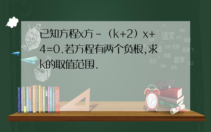 已知方程x方-（k+2）x+4=0.若方程有两个负根,求k的取值范围.