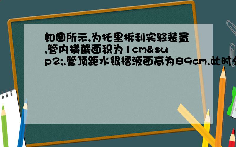 如图所示,为托里拆利实验装置,管内横截面积为1cm²,管顶距水银槽液面高为89cm,此时外界大气压强为75cm