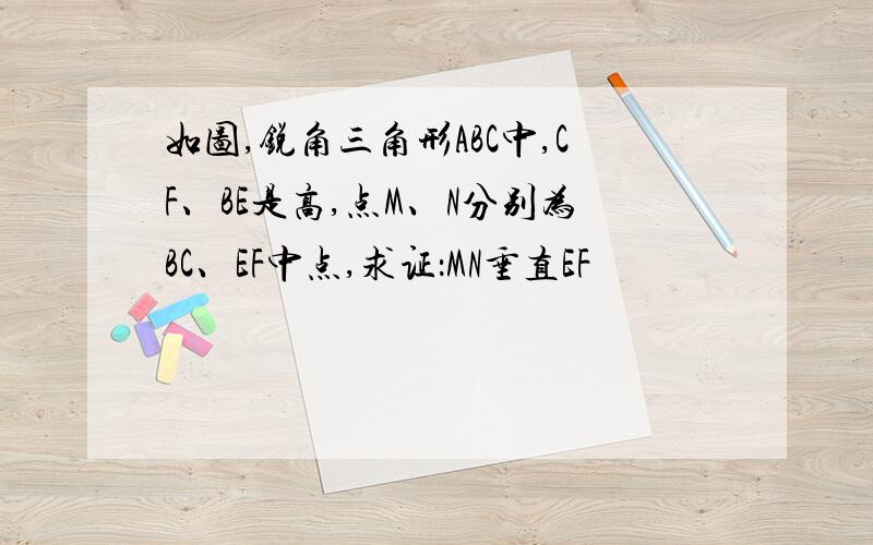 如图,锐角三角形ABC中,CF、BE是高,点M、N分别为BC、EF中点,求证：MN垂直EF