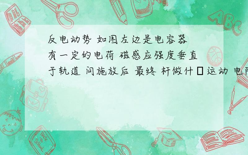 反电动势 如图左边是电容器 有一定的电荷 磁感应强度垂直于轨道 问施放后 最终 杆做什麼运动 电阻不计