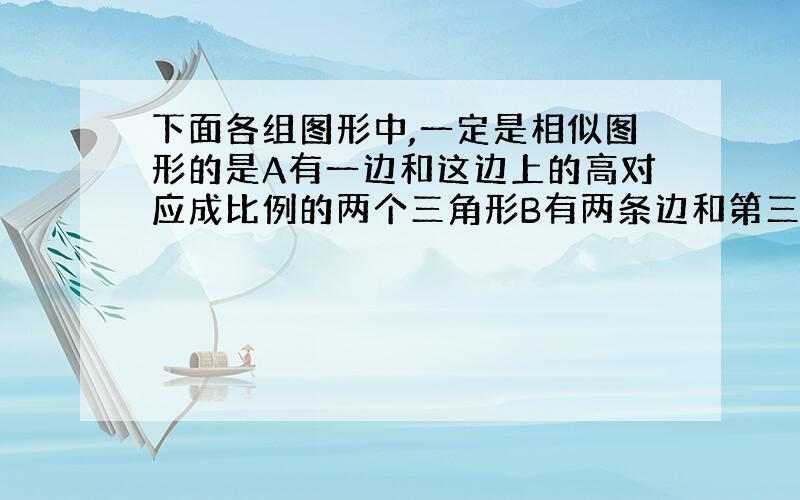 下面各组图形中,一定是相似图形的是A有一边和这边上的高对应成比例的两个三角形B有两条边和第三条边上的