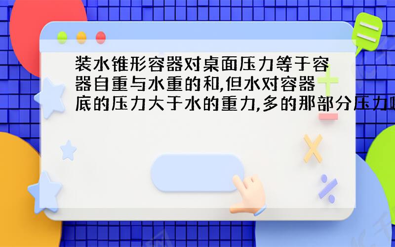 装水锥形容器对桌面压力等于容器自重与水重的和,但水对容器底的压力大于水的重力,多的那部分压力哪去了