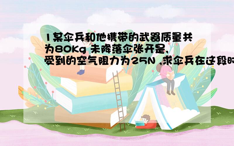 1某伞兵和他携带的武器质量共为80Kg 未降落伞张开是,受到的空气阻力为25N ,求伞兵在这段时间的加速度?