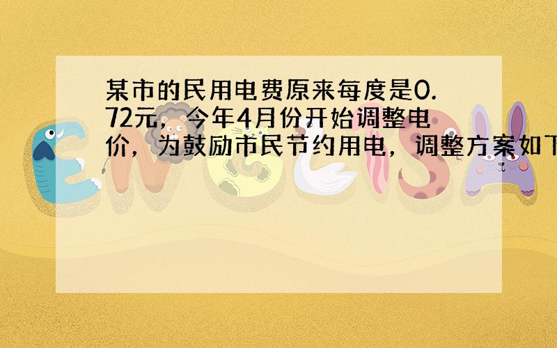 某市的民用电费原来每度是0.72元，今年4月份开始调整电价，为鼓励市民节约用电，调整方案如下：