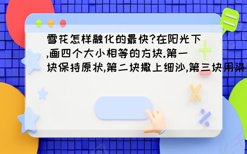 雪花怎样融化的最快?在阳光下,画四个大小相等的方块.第一块保持原状,第二块撒上细沙,第三块用染浅色的纸盖在上面,第四块用