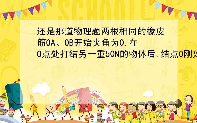 还是那道物理题两根相同的橡皮筋OA、OB开始夹角为0,在O点处打结另一重50N的物体后,结点O刚好位于圆心,今将A、B分