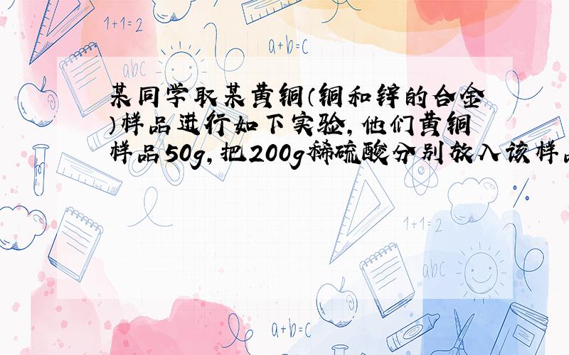 某同学取某黄铜（铜和锌的合金）样品进行如下实验,他们黄铜样品50g,把200g稀硫酸分别放入该样品中如下表