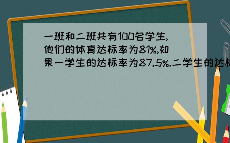 一班和二班共有100名学生,他们的体育达标率为81%,如果一学生的达标率为87.5%,二学生的达标率为75%,