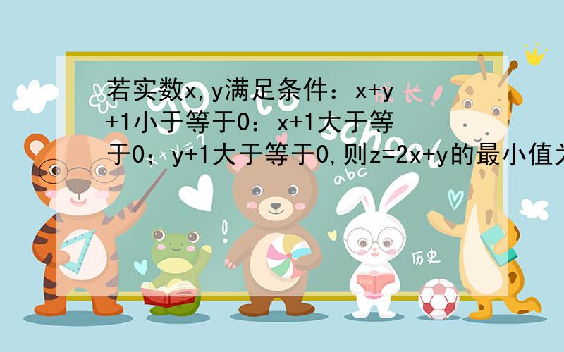 若实数x,y满足条件：x+y+1小于等于0：x+1大于等于0；y+1大于等于0,则z=2x+y的最小值为