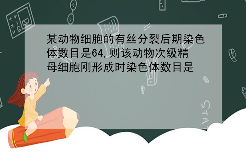 某动物细胞的有丝分裂后期染色体数目是64,则该动物次级精母细胞刚形成时染色体数目是