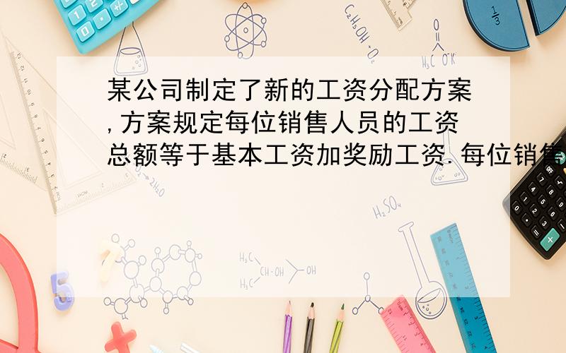 某公司制定了新的工资分配方案,方案规定每位销售人员的工资总额等于基本工资加奖励工资.每位销售人员的月销售定额为1万元,在