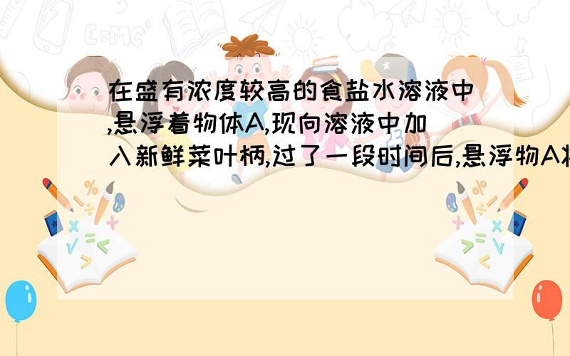 在盛有浓度较高的食盐水溶液中,悬浮着物体A,现向溶液中加入新鲜菜叶柄,过了一段时间后,悬浮物A将_______