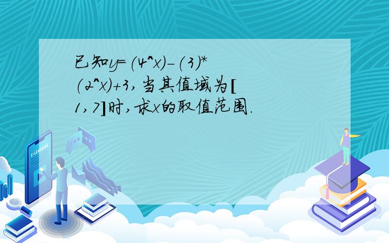 已知y=(4^x)-(3)*(2^x)+3,当其值域为[1,7]时,求x的取值范围.