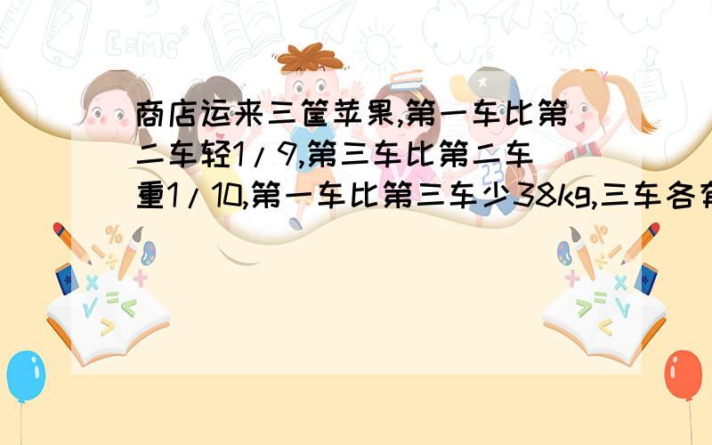 商店运来三筐苹果,第一车比第二车轻1/9,第三车比第二车重1/10,第一车比第三车少38kg,三车各有多少千克?