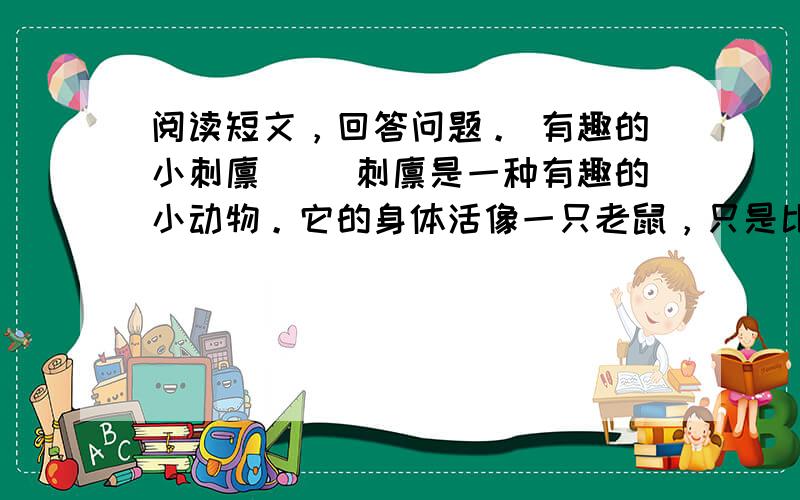 阅读短文，回答问题。 有趣的小刺猬 　　刺猬是一种有趣的小动物。它的身体活像一只老鼠，只是比老鼠大多了。它的头尖尖的，眼