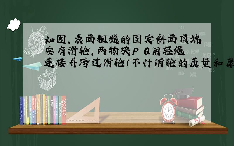 如图,表面粗糙的固定斜面顶端安有滑轮,两物块P Q用轻绳连接并跨过滑轮（不计滑轮的质量和摩擦）,P悬于空中,Q放在斜面上