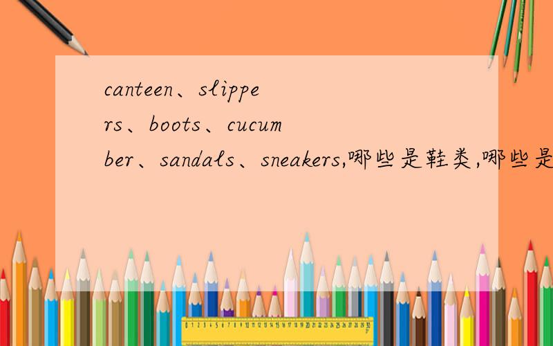 canteen、slippers、boots、cucumber、sandals、sneakers,哪些是鞋类,哪些是蔬菜