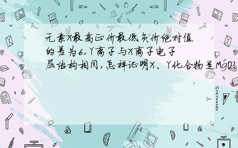 元素X最高正价最低负价绝对值的差为6,Y离子与X离子电子层结构相同,怎样证明X、Y化合物是MgO?