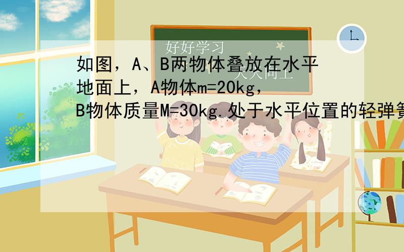 如图，A、B两物体叠放在水平地面上，A物体m=20kg，B物体质量M=30kg.处于水平位置的轻弹簧一端固定于墙壁，另一